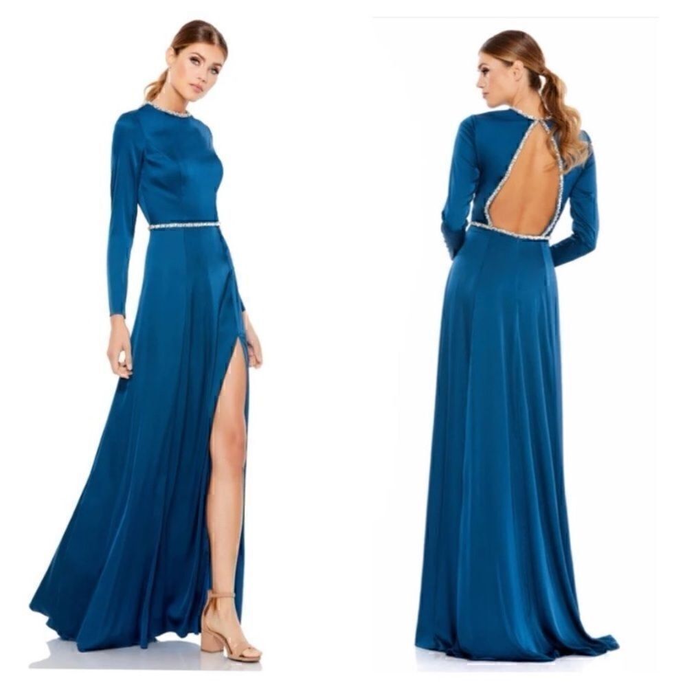 Mac Duggal Long sleeve Jewel Trimmed Sapphire gown Sz 10 NWT - Picture 1 of 11